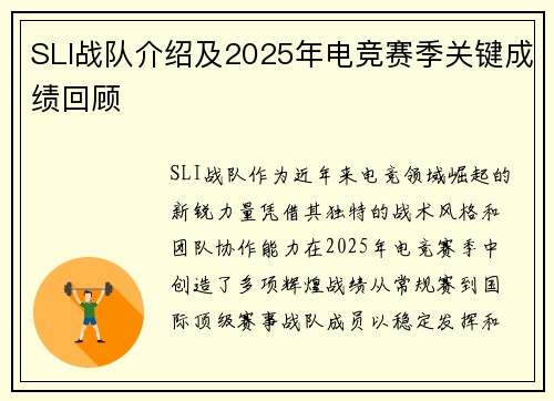 SLI战队介绍及2025年电竞赛季关键成绩回顾