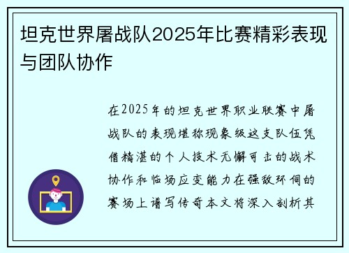 坦克世界屠战队2025年比赛精彩表现与团队协作
